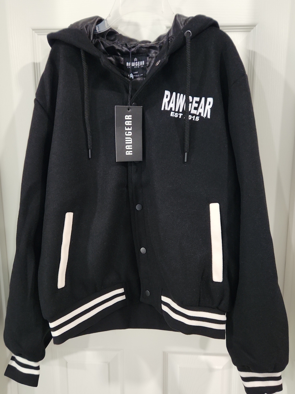 Rawgear Mens Varsity Hooded Bomber Jacket Black Size L NWT New With Tags Bag